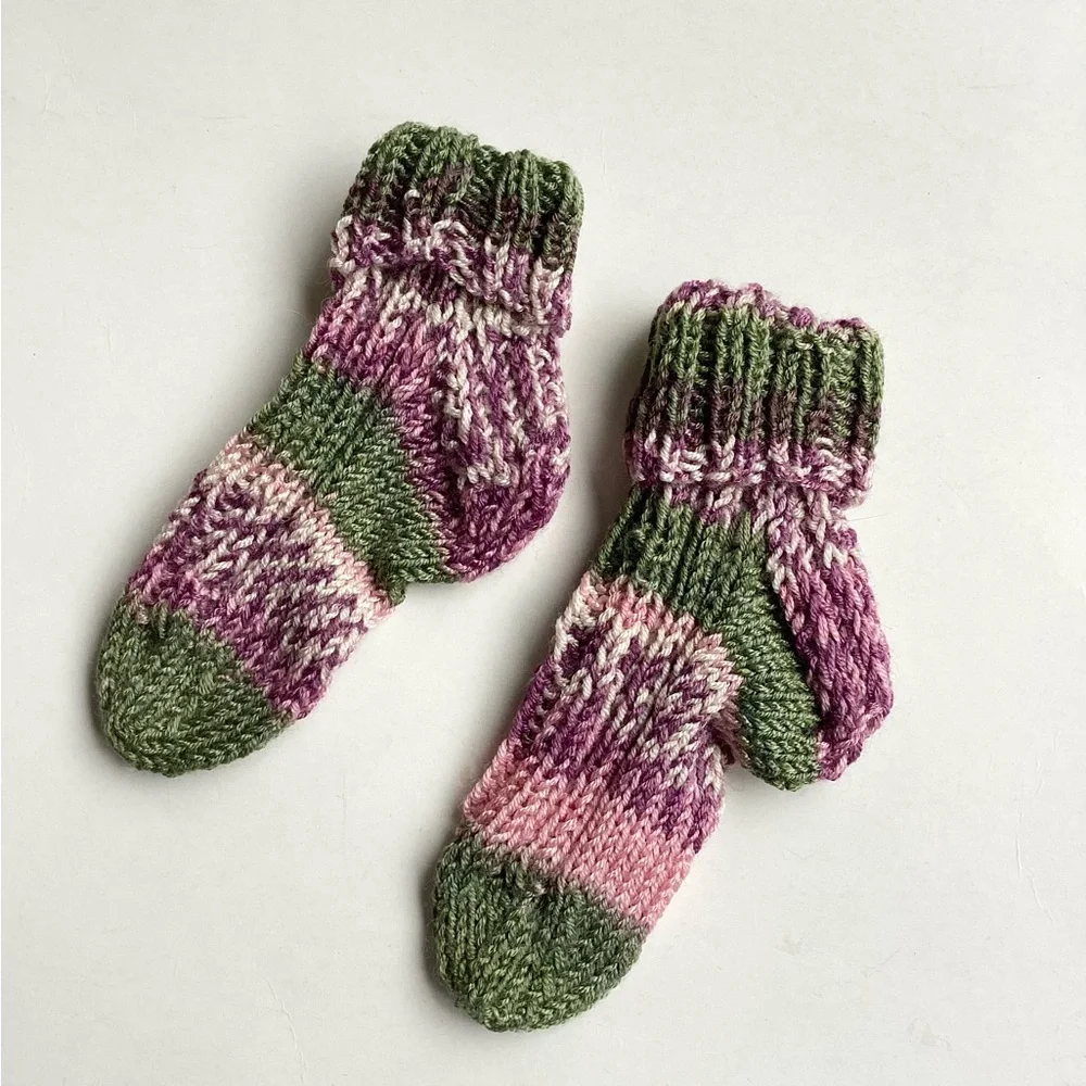 Baby Socks Hand Crafted Green Pink Purple Knit